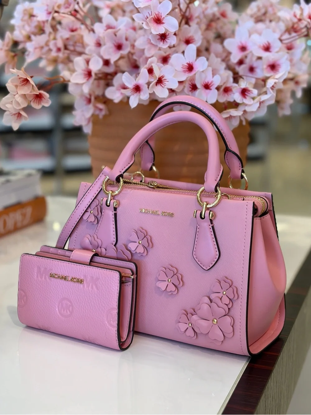 MICHAEL KORS Marilyn Small Floral Embellished Satchel Crossbody and Wallet Set